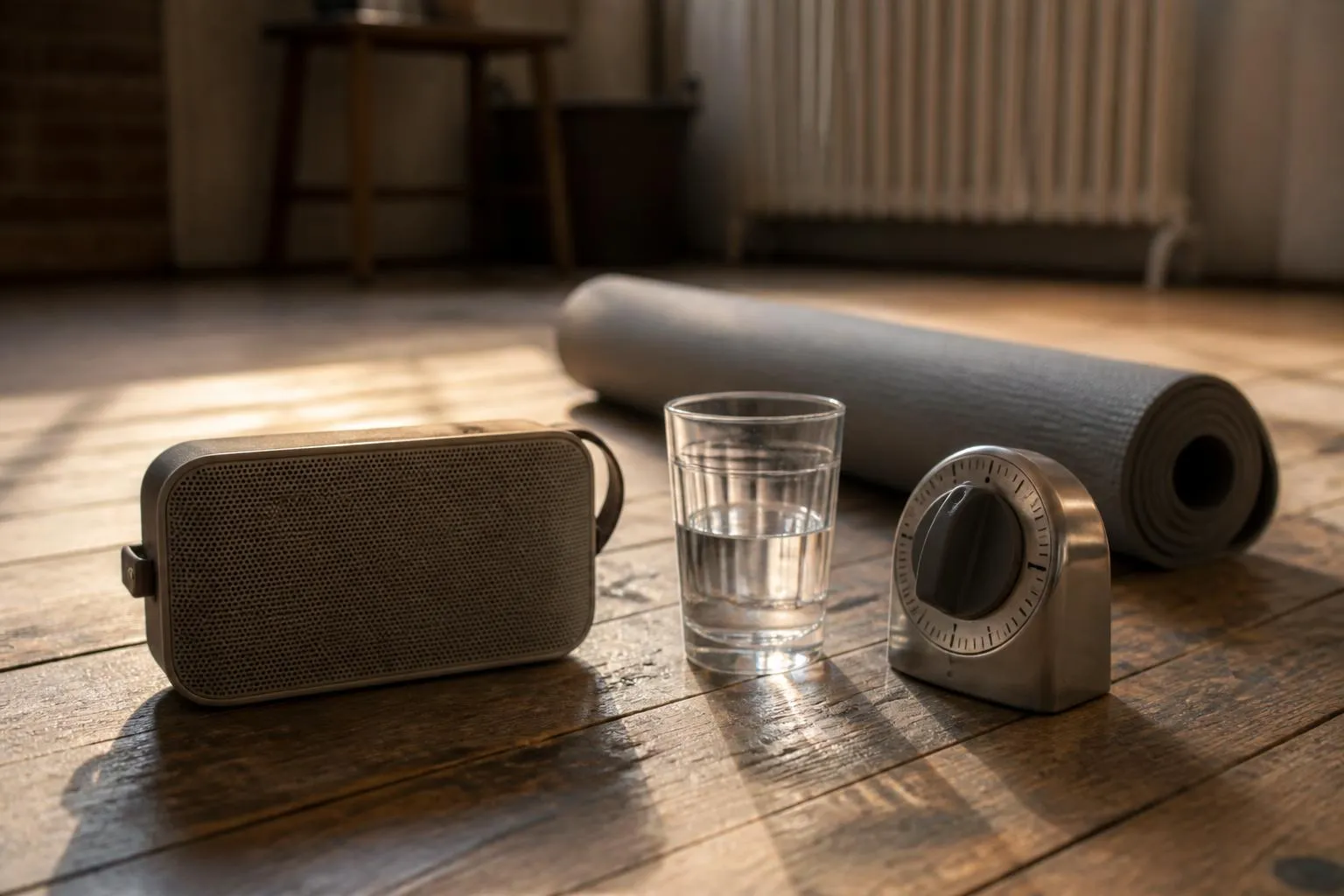 Une petite enceinte, un verre d'eau et un minuteur mécanique posés au sol dans une salle de cours vide.