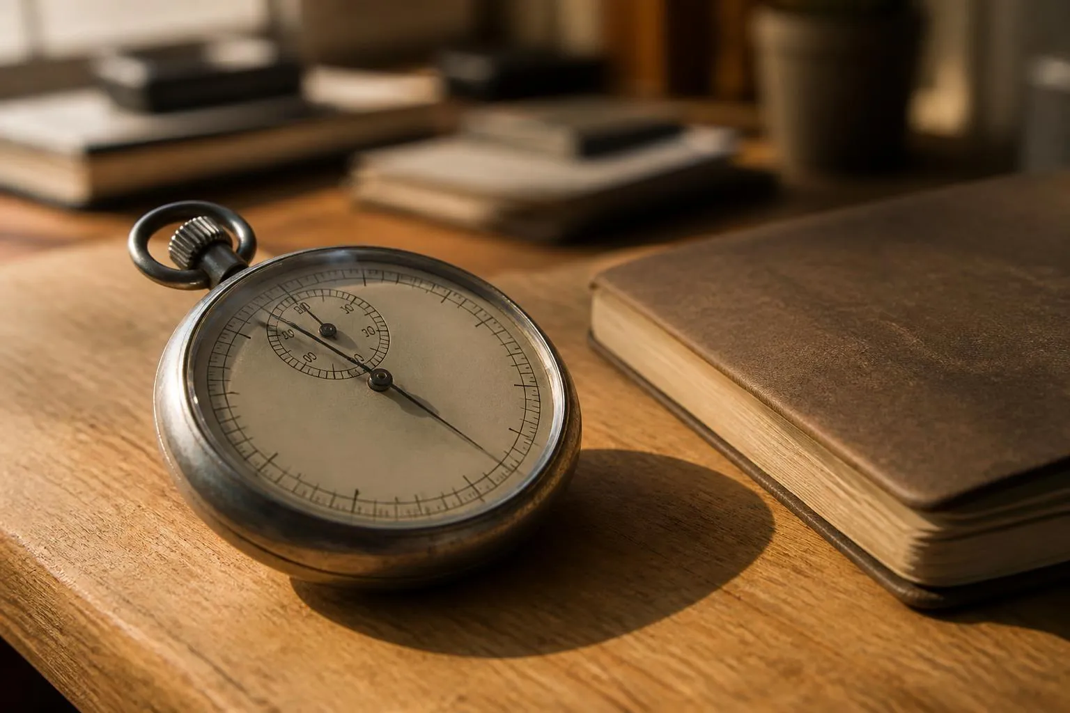 Un chronomètre mécanique à aiguille posé sur une table de nuit en bois, à côté d'un carnet fermé.