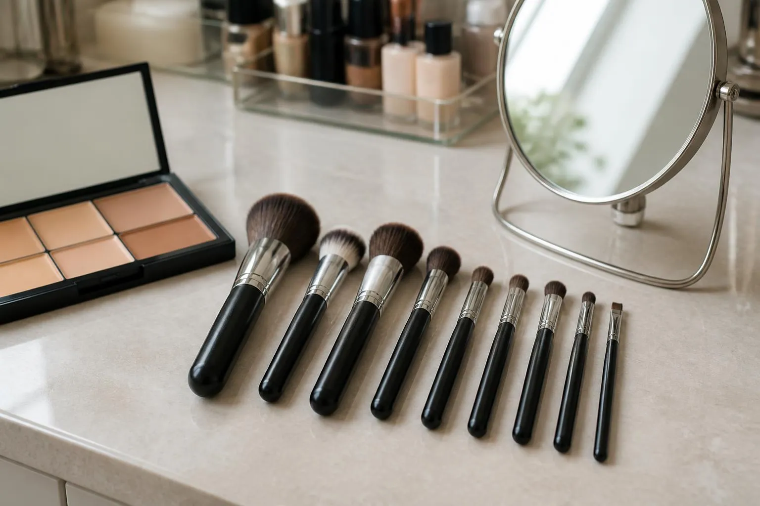 Pinceaux à maquillage alignés sur un comptoir de boutique, à côté d'une fiche de visage dessinée
