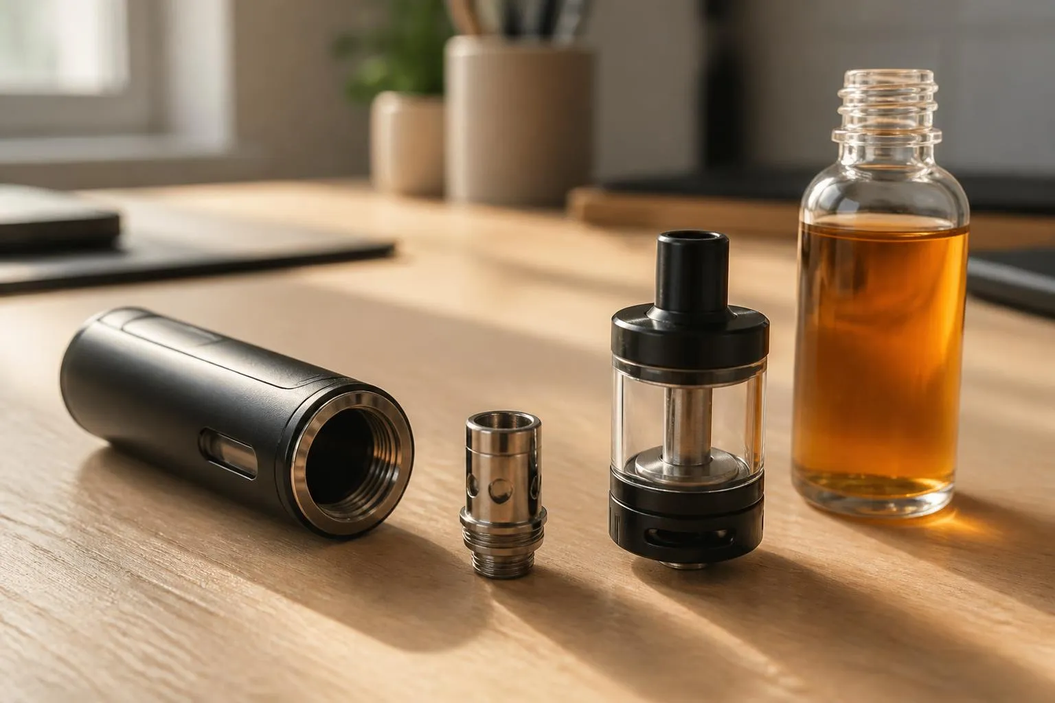 Un flacon de liquide de vapotage et une cigarette électronique démontée, posés sur une table en bois près d'une fenêtre