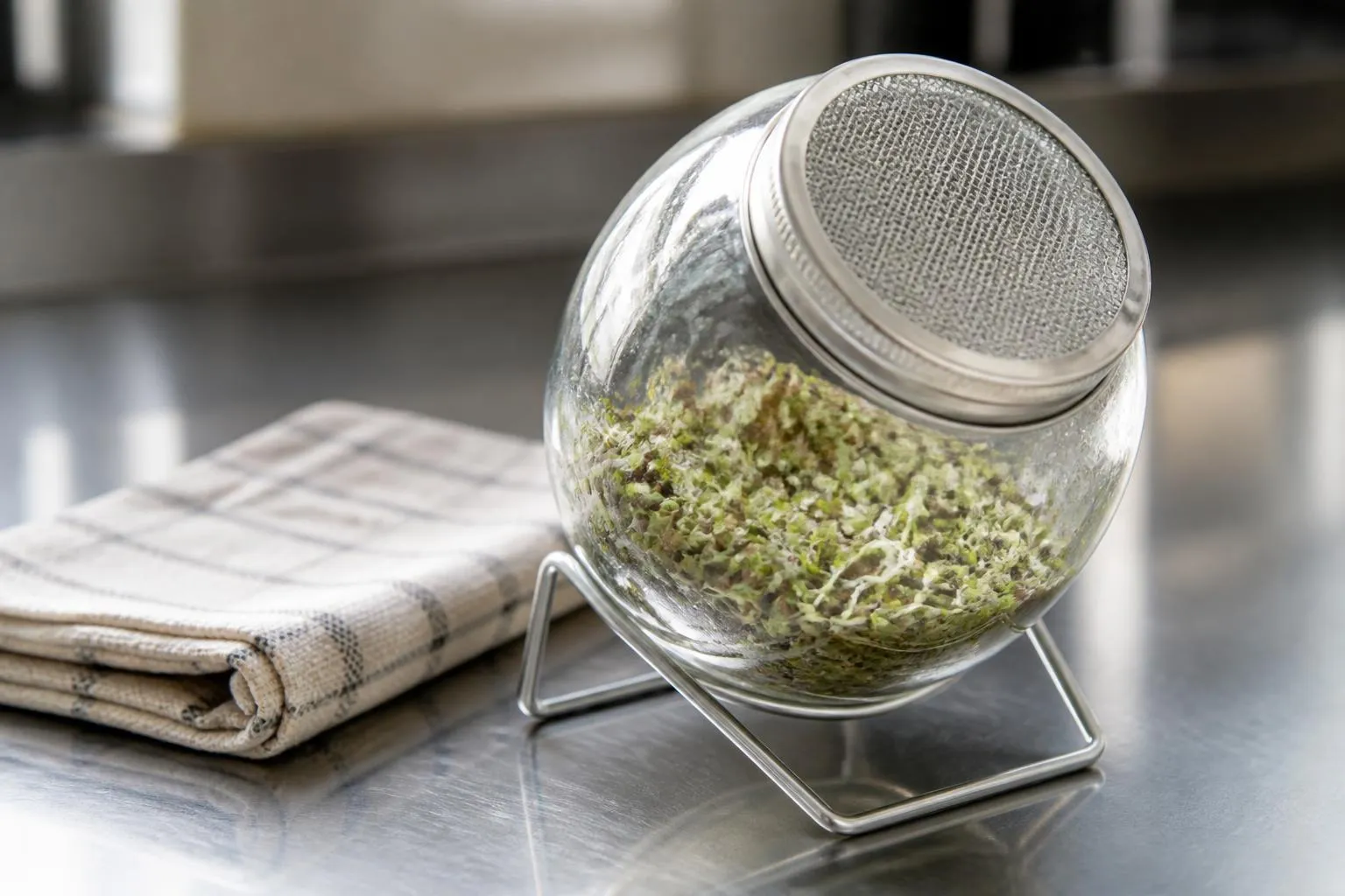 Un germoir en verre incliné sur un plan de travail en inox, graines en cours de germination, un torchon plié à côté