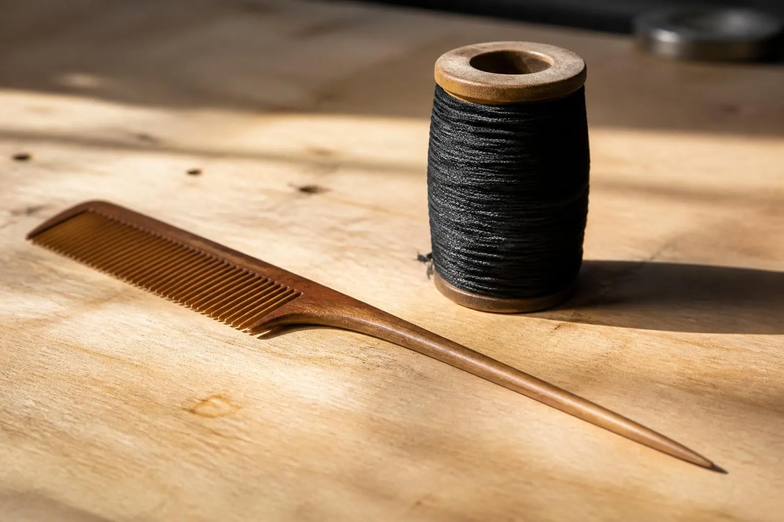 Un peigne à queue en bois et une bobine de fil à tresser posés sur un plan de travail.