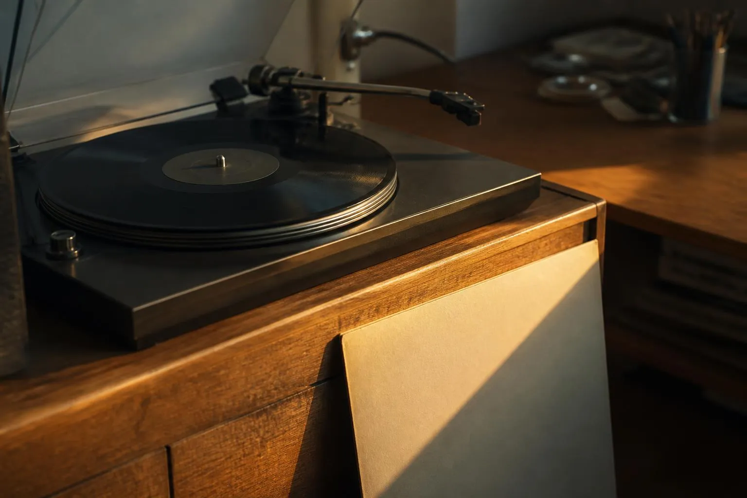 Un disque vinyle noir posé sur le plateau d'une platine, bras de lecture relevé, dans une lumière de fin de journée