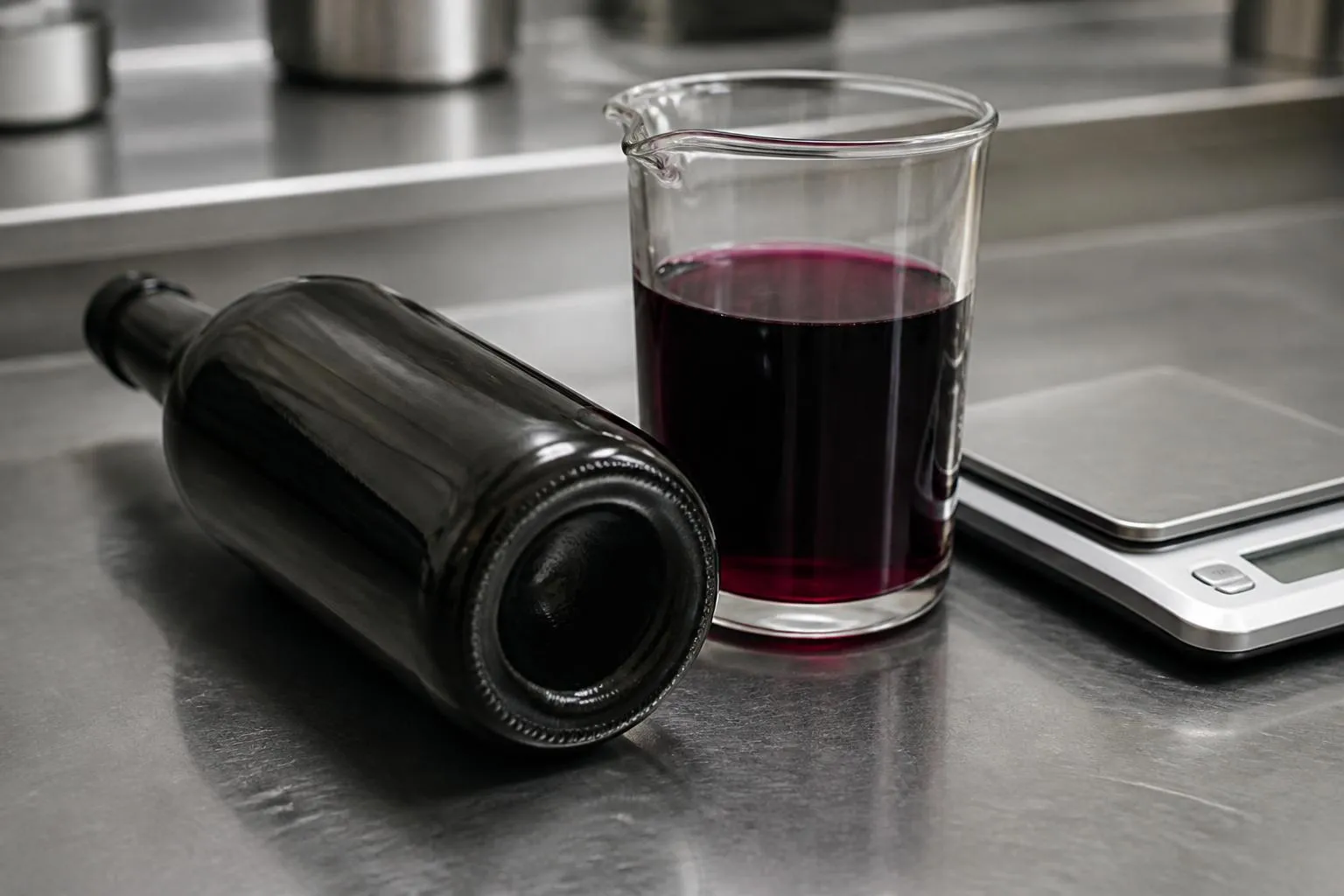 Une bouteille de jus de fruits foncé retournée sur un plan de travail, à côté d'un verre doseur gradué