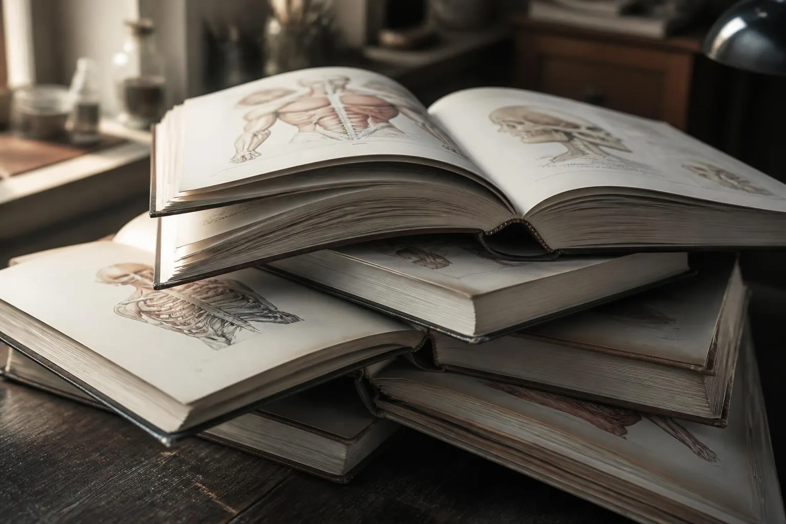 Une pile de manuels d'anatomie ouverts sur un bureau, à côté d'une lampe éteinte.