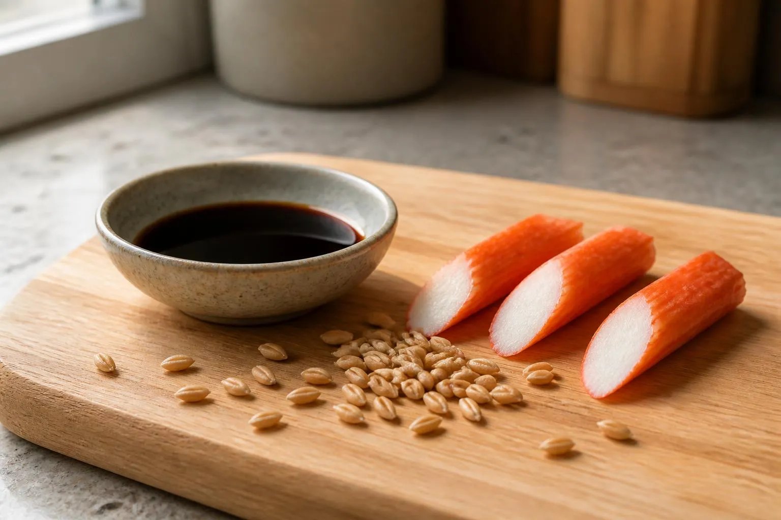 une coupelle de sauce soja, des bâtonnets de surimi tranchés et des grains de blé posés sur une planche en bois