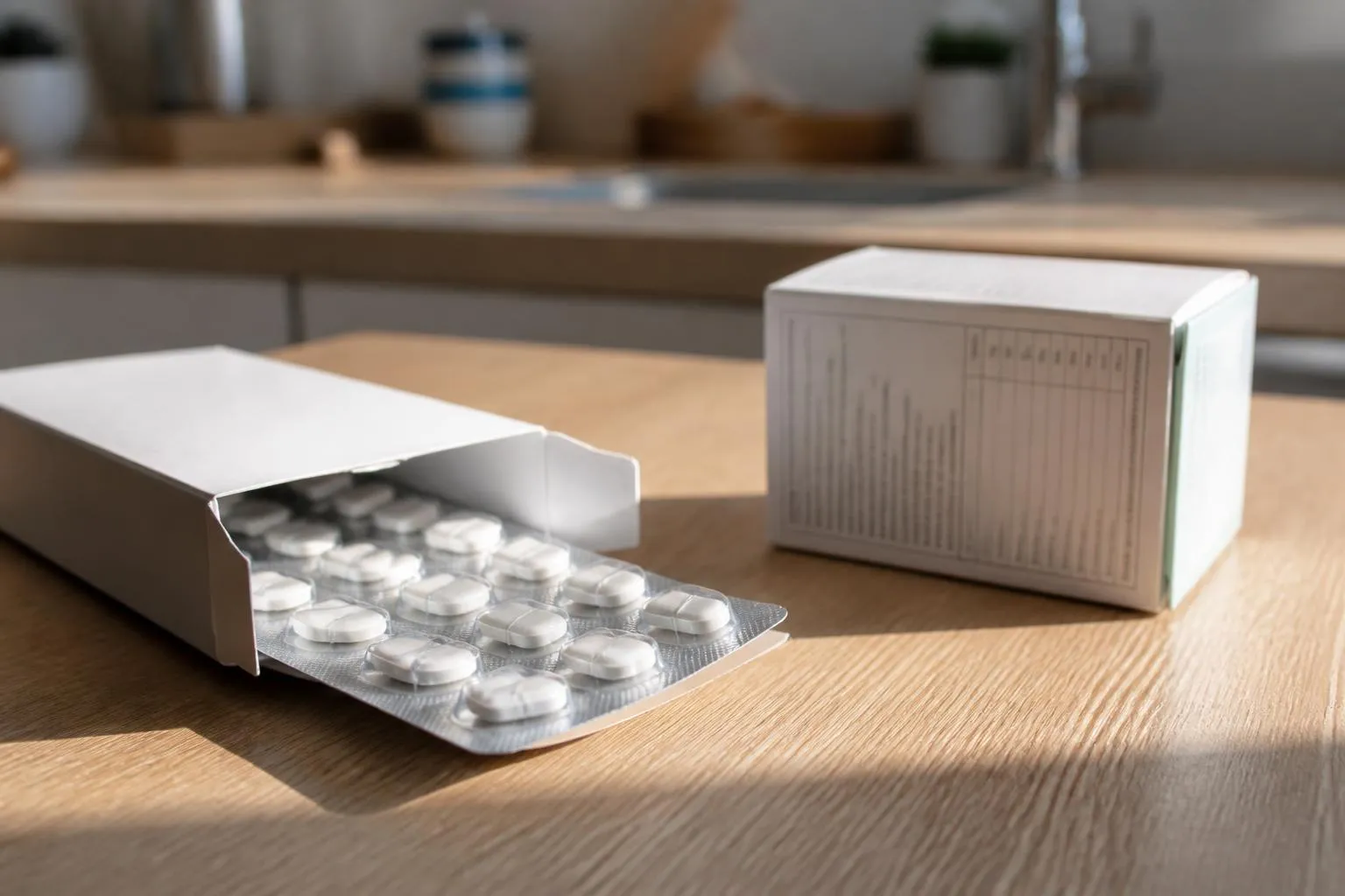 Une boîte de comprimés ouverte posée sur une table de cuisine, sa notice dépliée à côté et le tableau des valeurs nutritionnelles visible au dos du carton