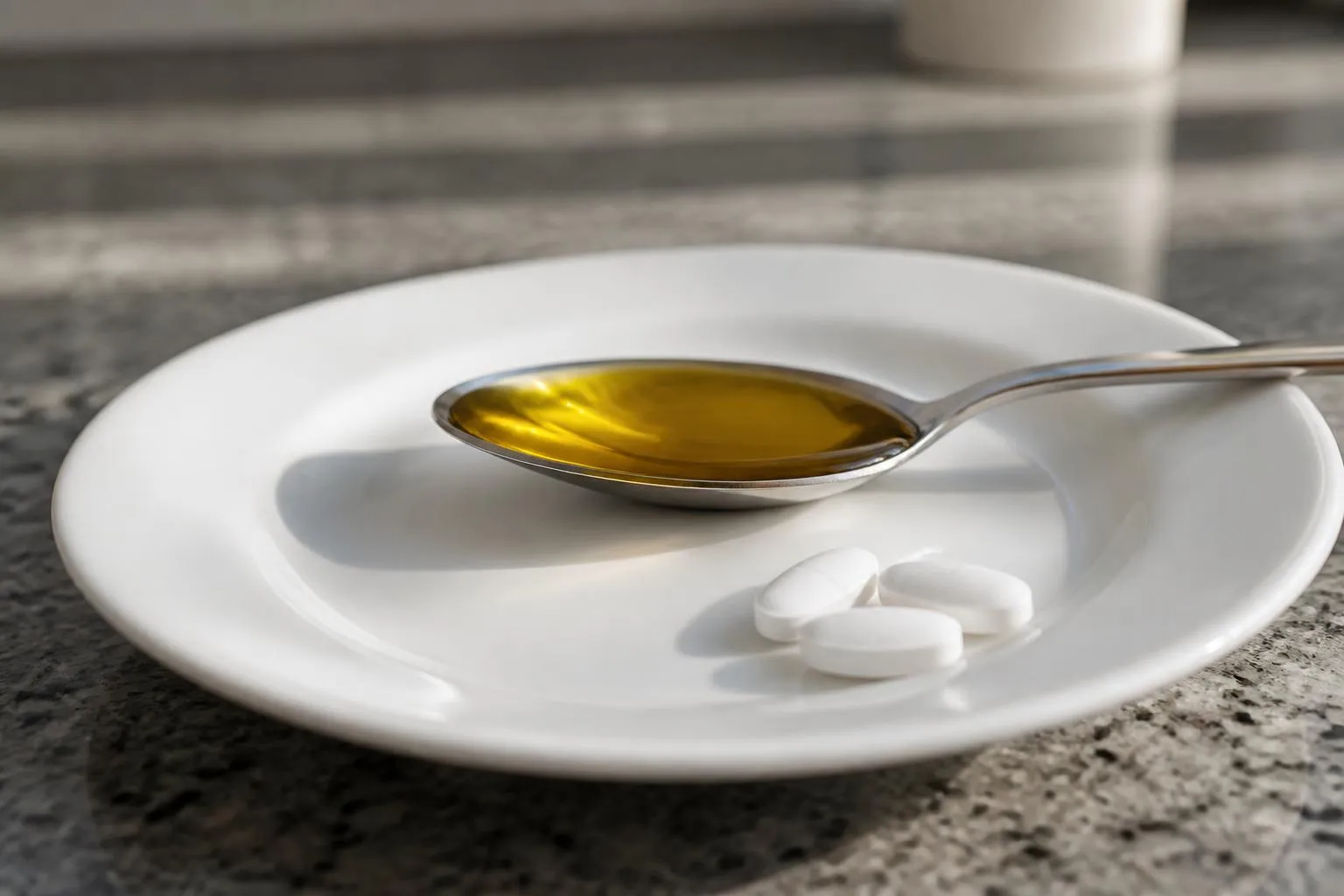 Une cuillère à soupe remplie d'huile et trois comprimés blancs posés sur une assiette.