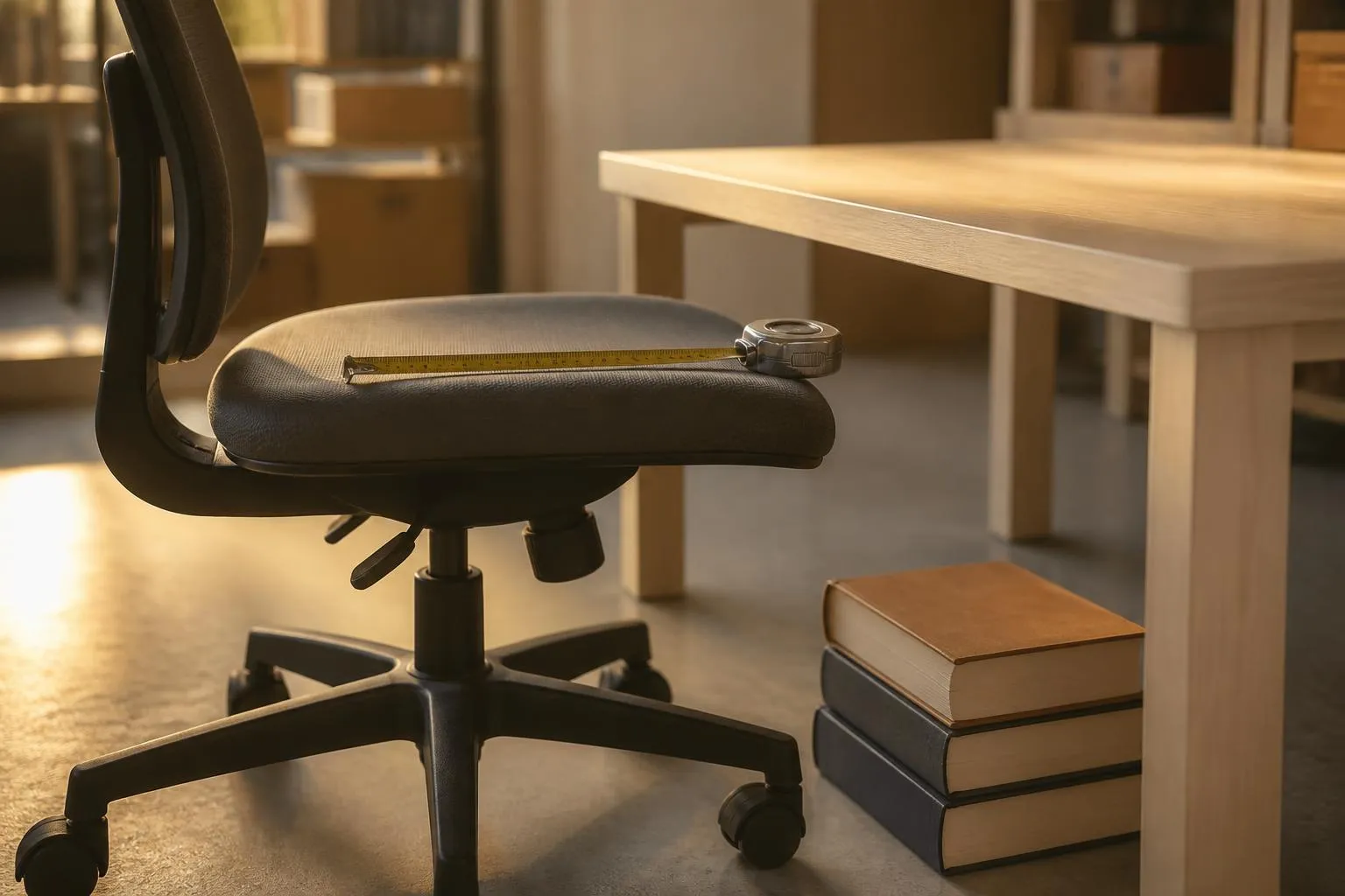 Un siège de bureau à roulettes vu de côté devant un plateau clair, un mètre ruban déroulé posé sur l'assise.