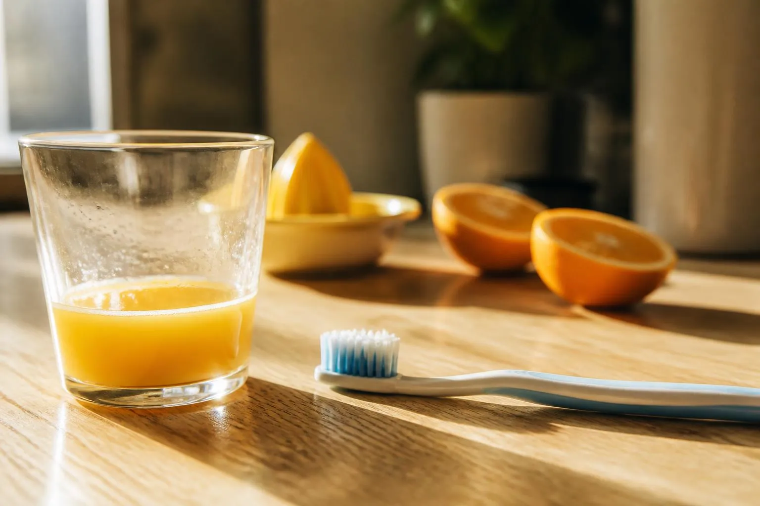 Un verre de jus d'orange à moitié bu et une brosse à dents à poils souples posés côte à côte sur une table de cuisine en bois, au petit matin.