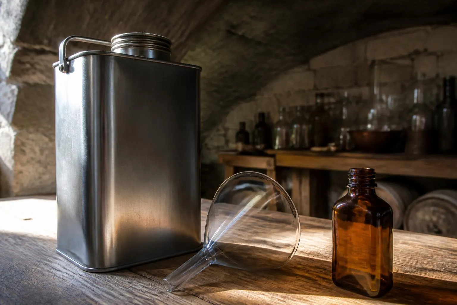 Bidon inox de cinq litres ouvert, entonnoir en verre et flacon ambré posés sur une table de cave