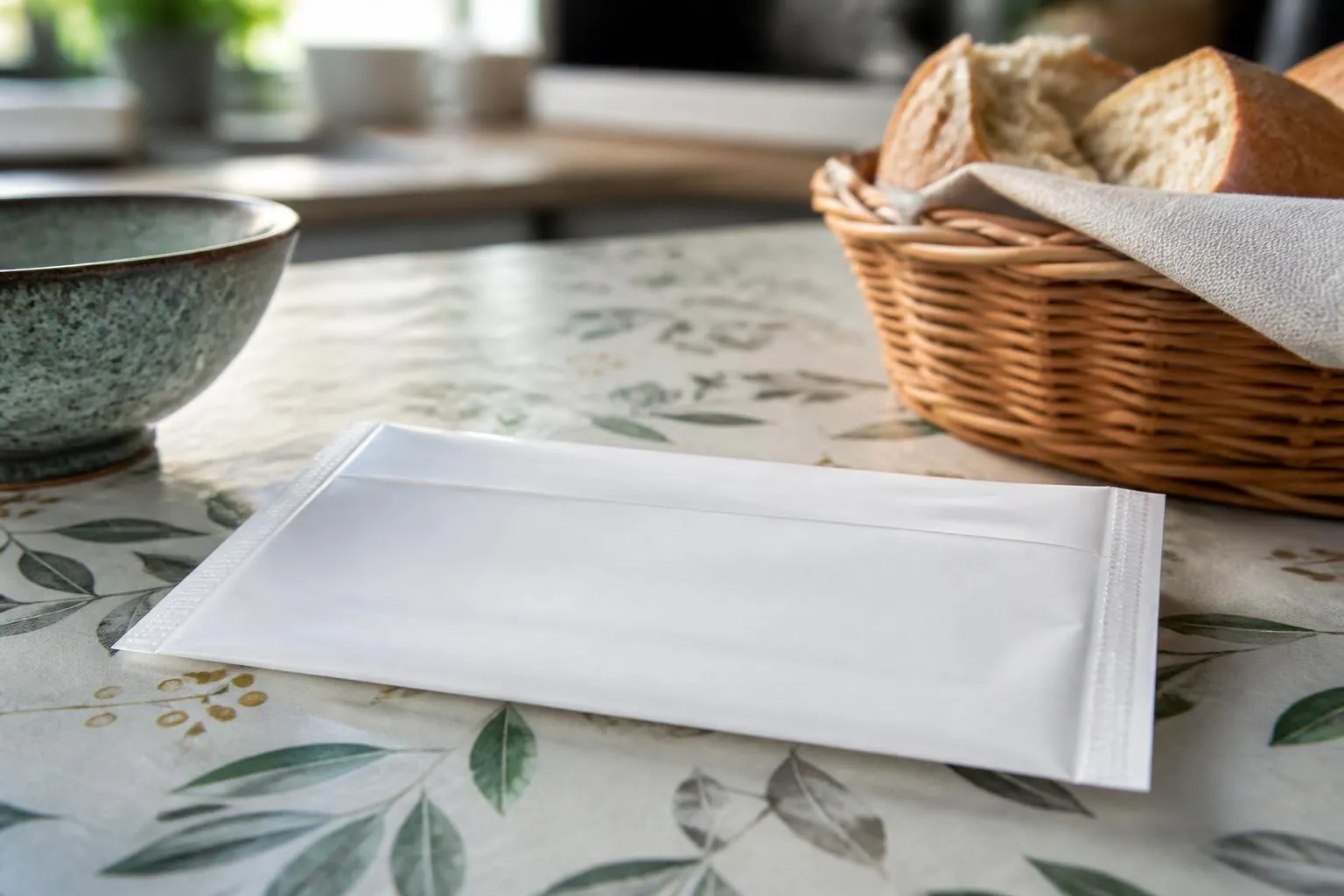 Un test de dépistage colorectal encore dans son enveloppe, posé sur une table de cuisine