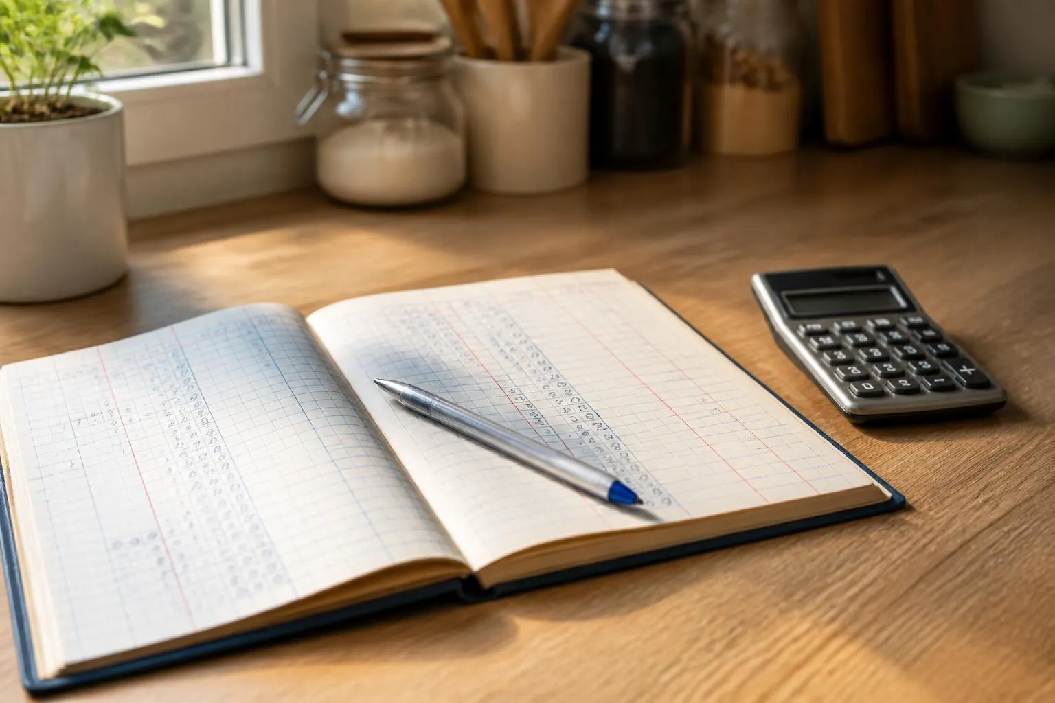 Un carnet de comptes ouvert sur une table de cuisine, un stylo posé dessus, à côté d'un devis plié.