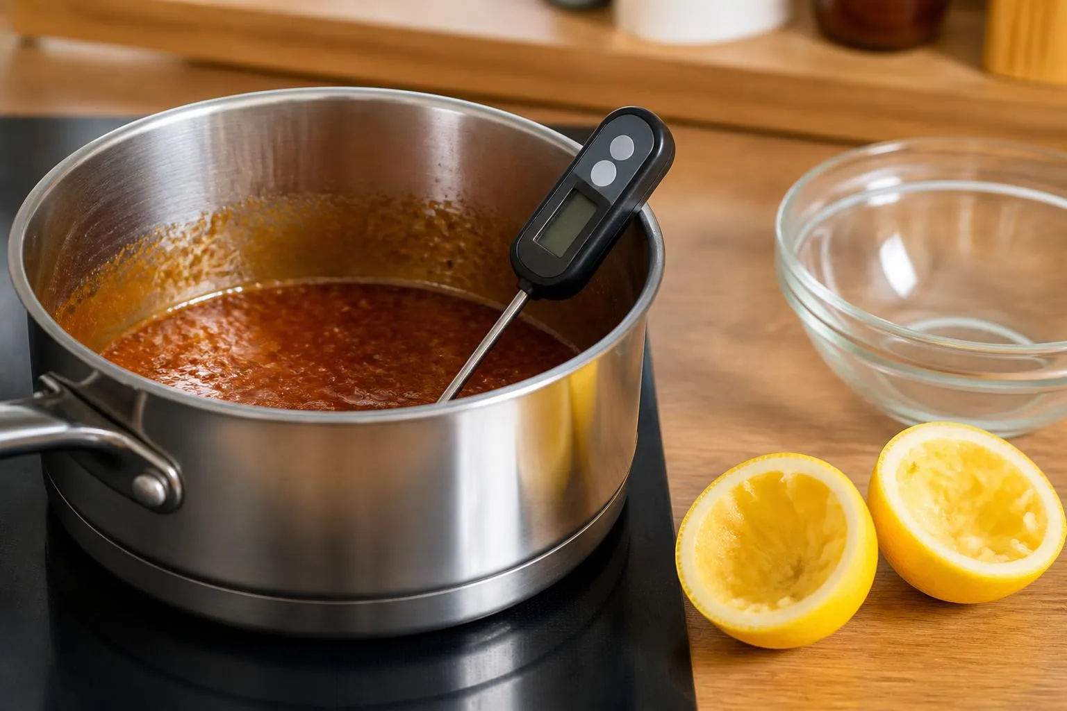 Casserole en cuivre où cuit un caramel ambré, thermomètre de cuisson planté dedans, citrons coupés à côté