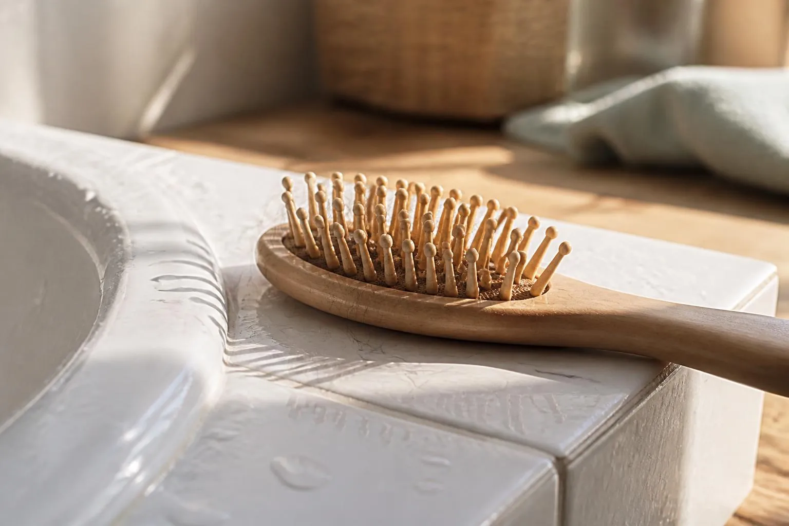 Une brosse à cheveux en bois posée sur le rebord humide d'un lavabo carrelé.