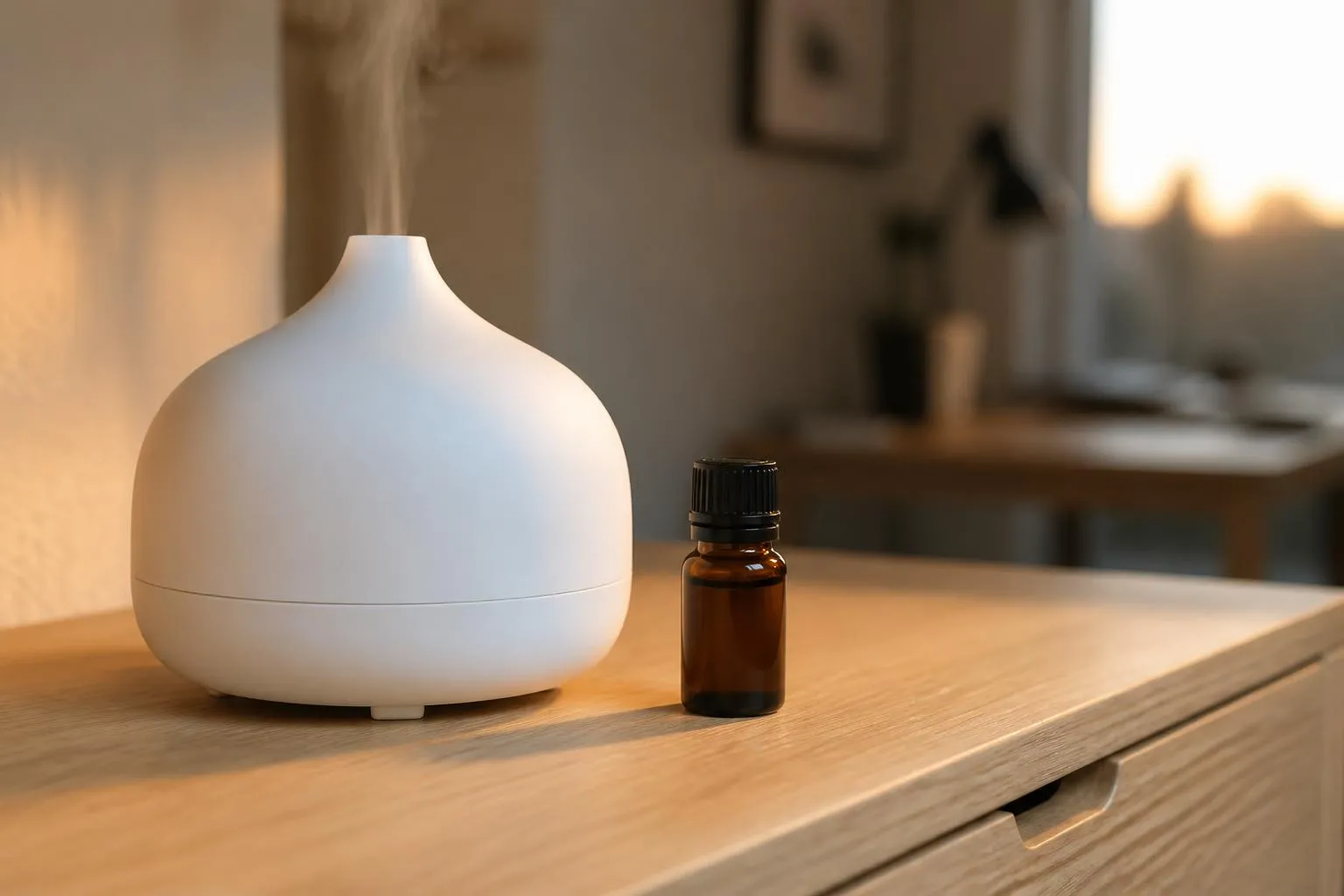 Un diffuseur à ultrasons posé sur une commode en bois, à côté d'un flacon ambré fermé.