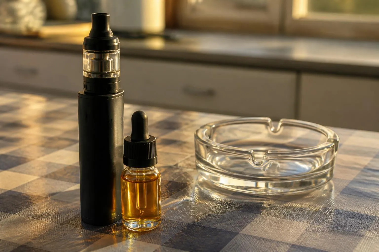 Vapoteuse et petit flacon de liquide ambré posés sur une toile cirée à carreaux, à côté d'un cendrier en verre vide