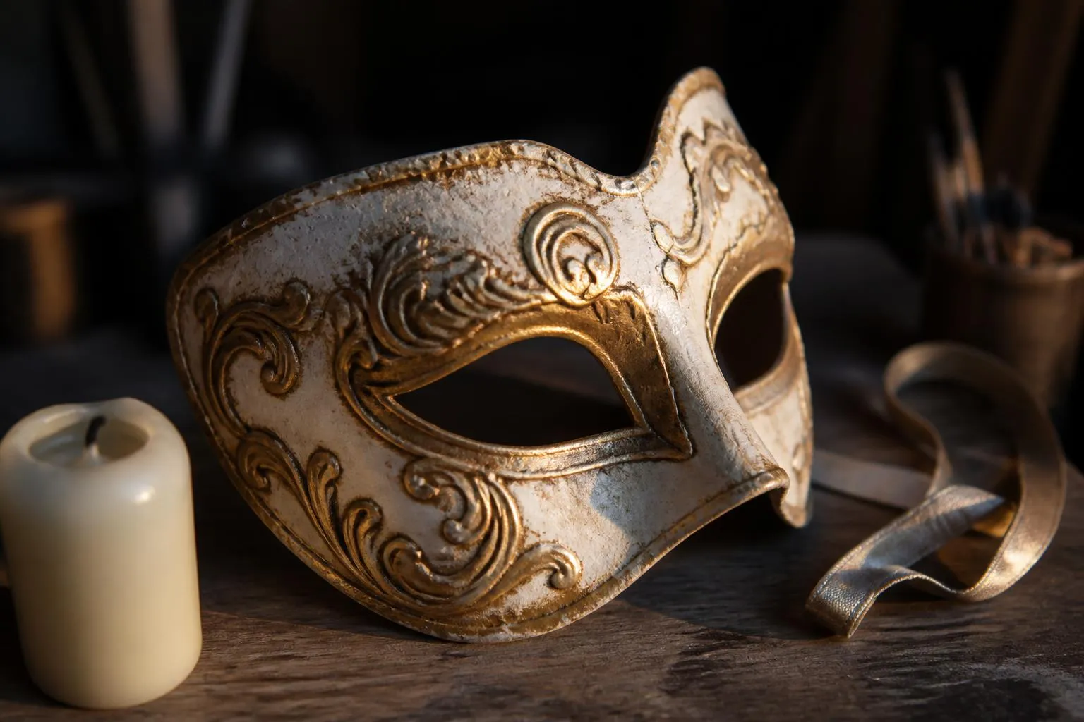 Un masque de carnaval posé sur une table en bois, à côté d'une bougie éteinte