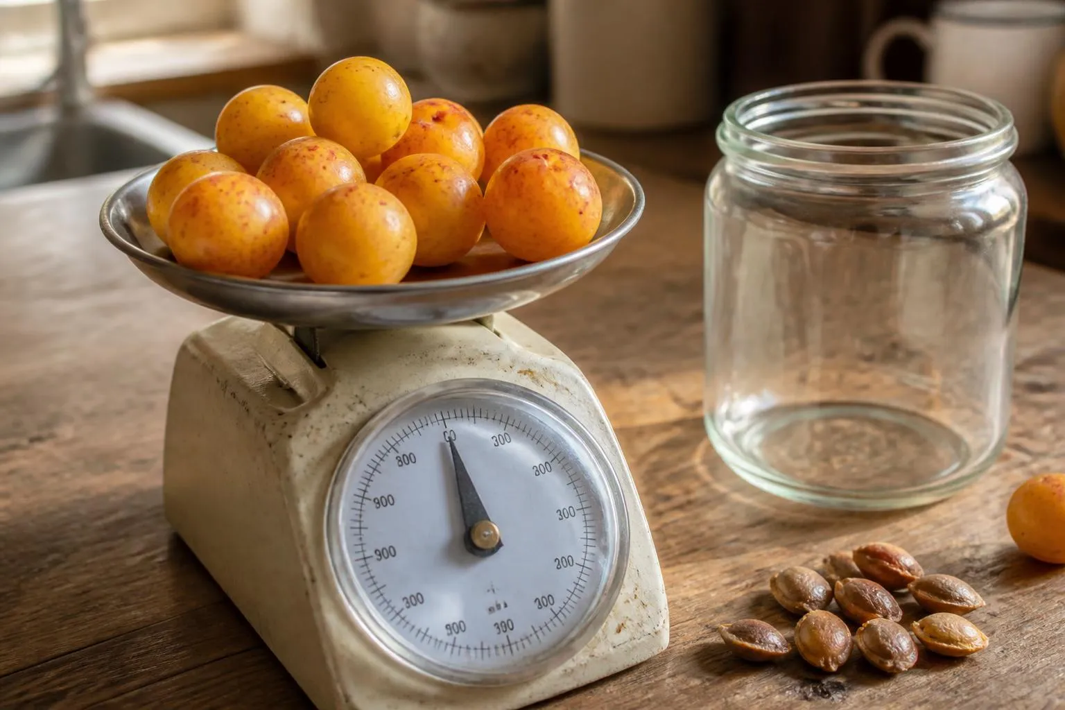Des mirabelles mûres posées sur une balance de cuisine, à côté d'un bocal en verre ouvert