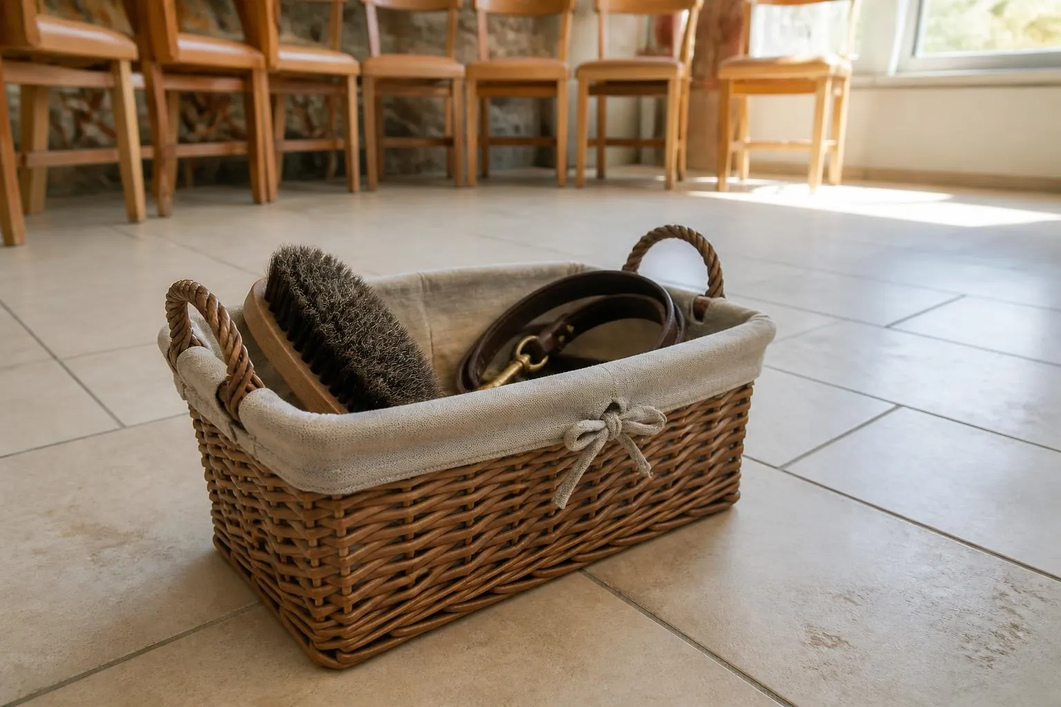 Un panier de toilettage posé sur le carrelage d'une salle commune, brosse et laisse en évidence, chaises alignées en cercle autour