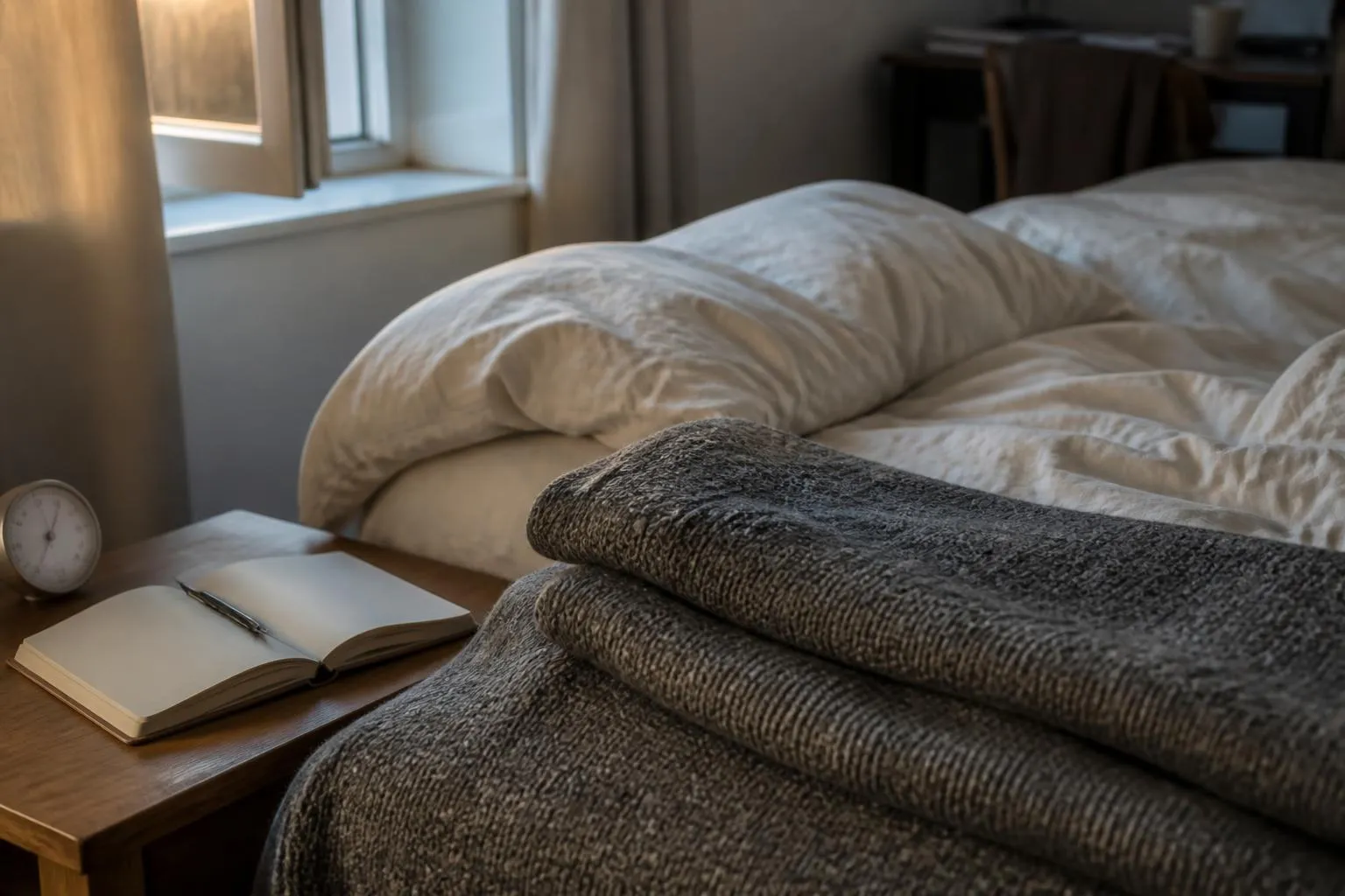 Une couverture de laine pliée au pied d'un lit défait, à côté d'un carnet ouvert et d'un thermomètre d'intérieur