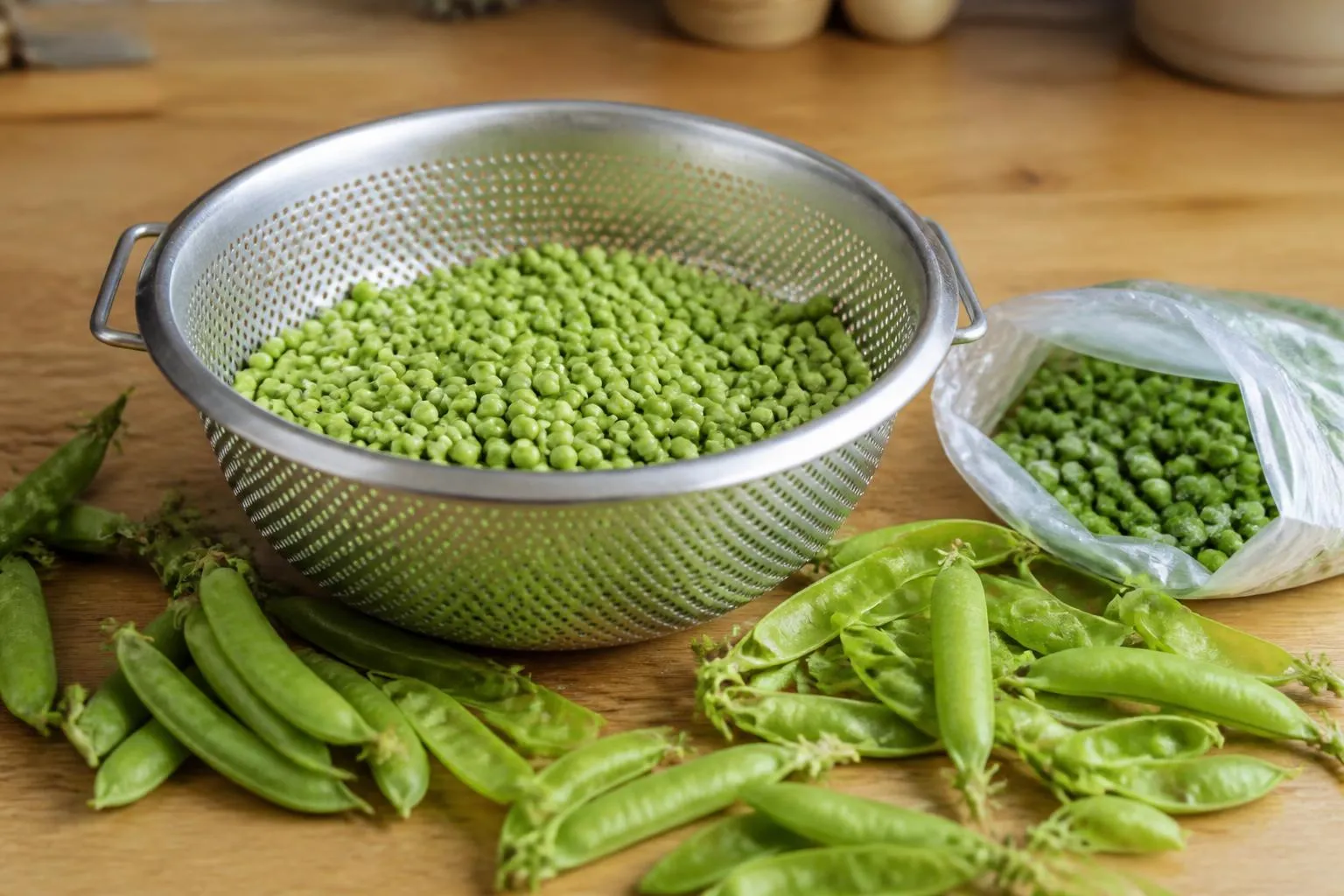 Des petits pois écossés dans une passoire en inox posée sur un plan de travail, à côté de cosses ouvertes.