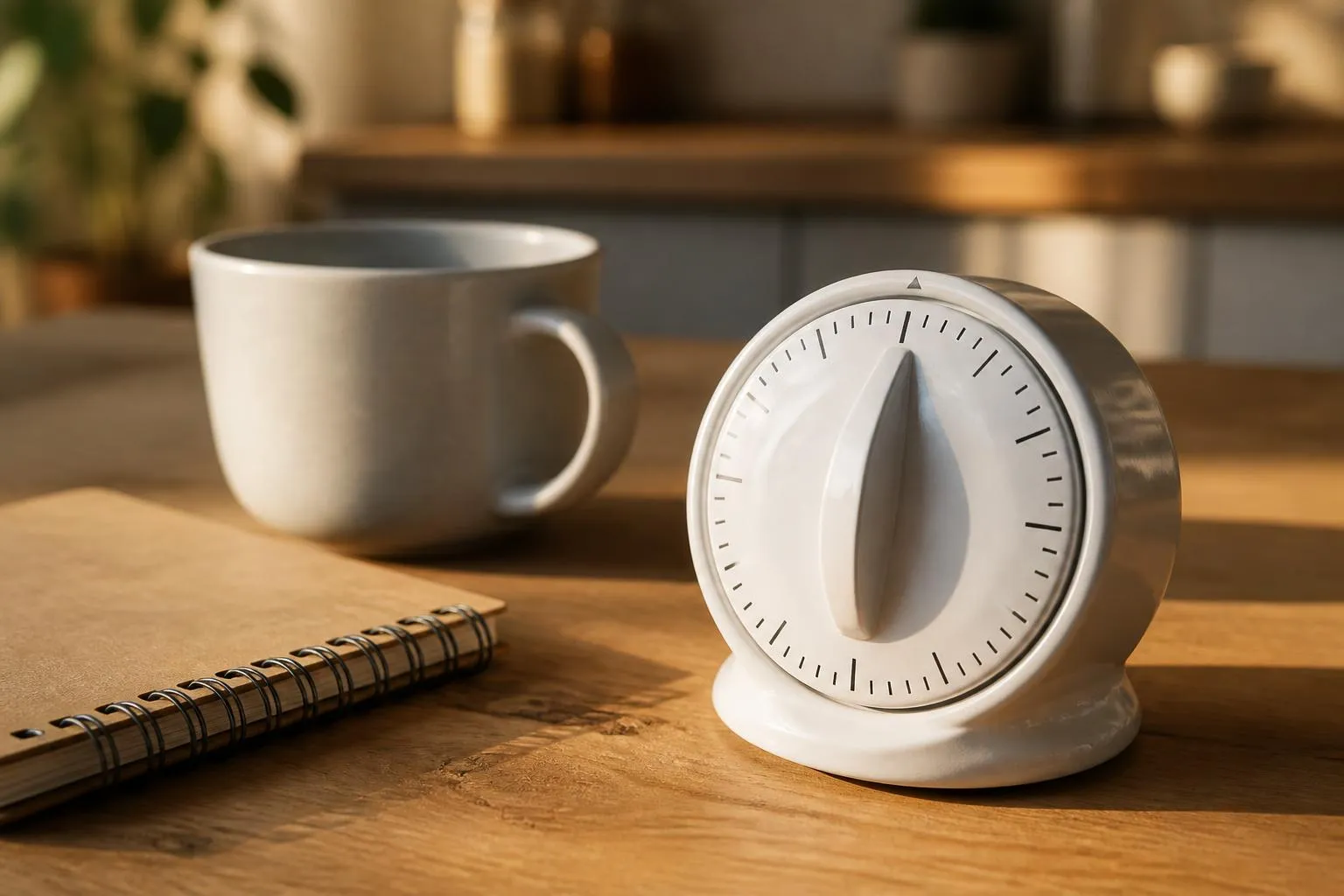 Un minuteur de cuisine mécanique posé sur une table en bois, à côté d'un carnet à spirale fermé et d'une tasse vide.