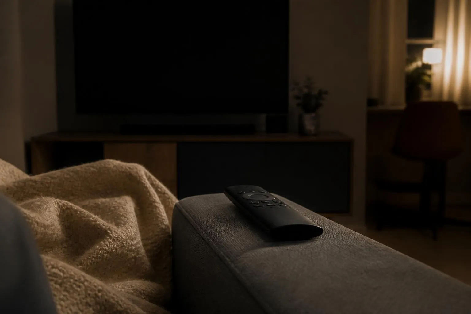 Un écran de télévision éteint dans une pièce sombre, une télécommande posée sur l'accoudoir d'un fauteuil en tissu