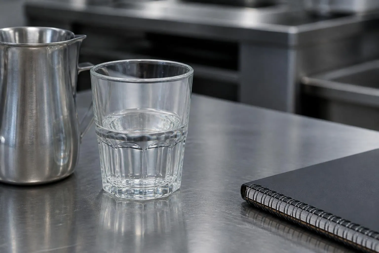 Un verre d'eau à moitié plein posé sur un plan de travail en inox, à côté d'un pichet