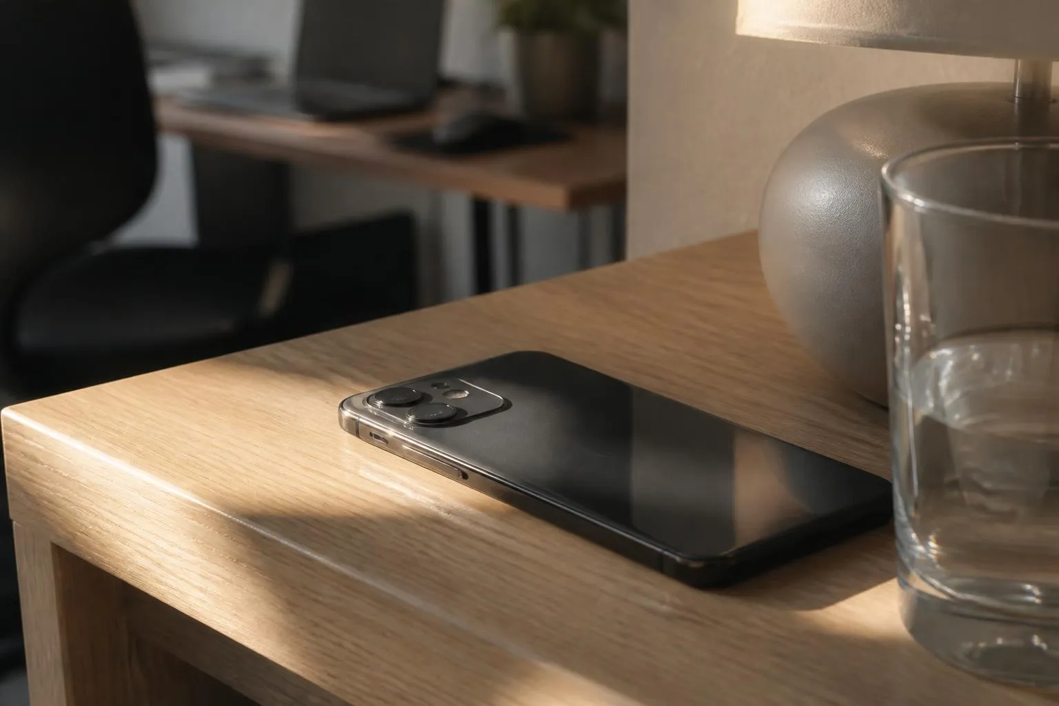 Un téléphone posé face contre le bois d'une table de nuit, à côté d'une lampe éteinte et d'un verre d'eau