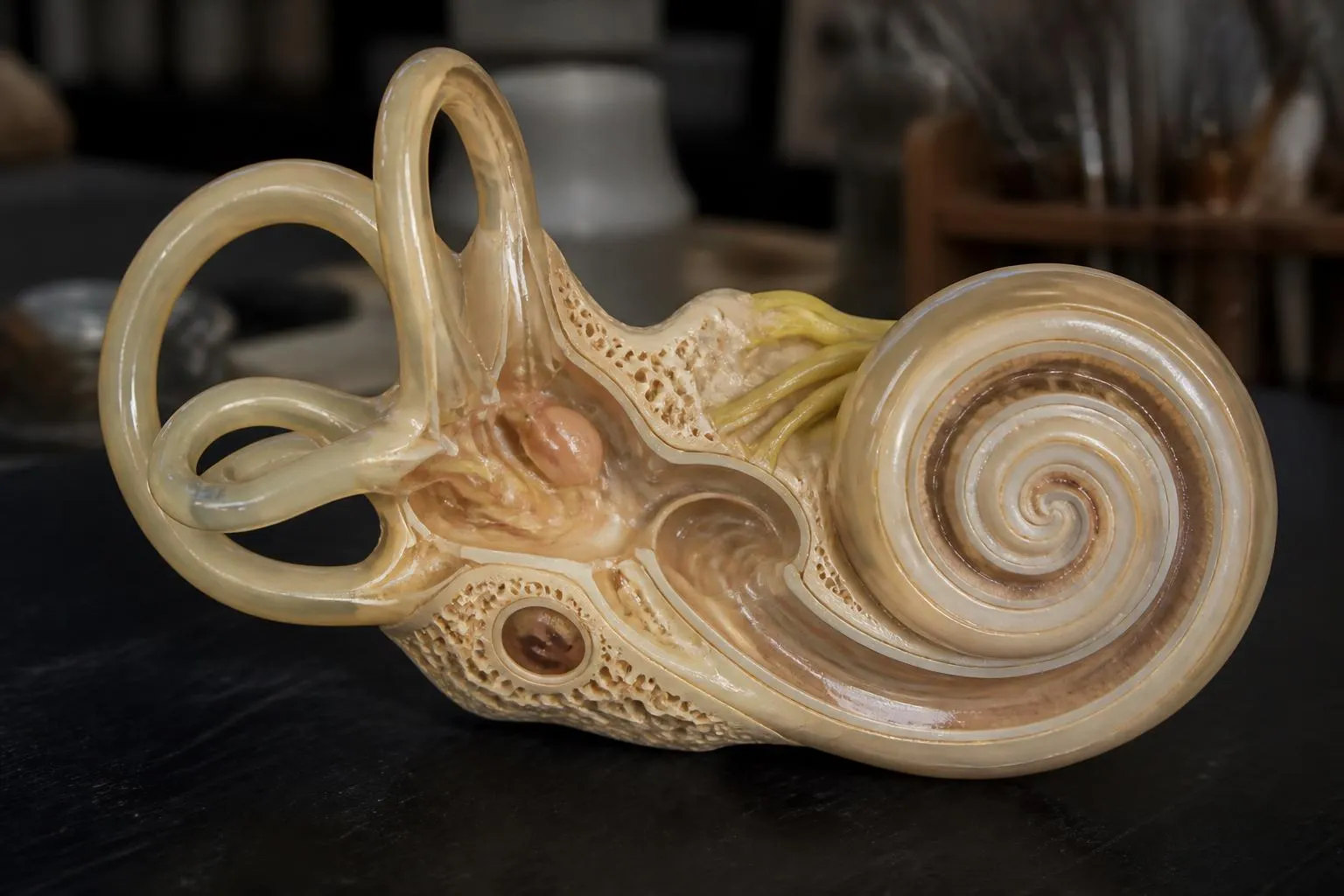 Coupe anatomique de l'oreille interne, labyrinthe et cochlée, sur fond sombre