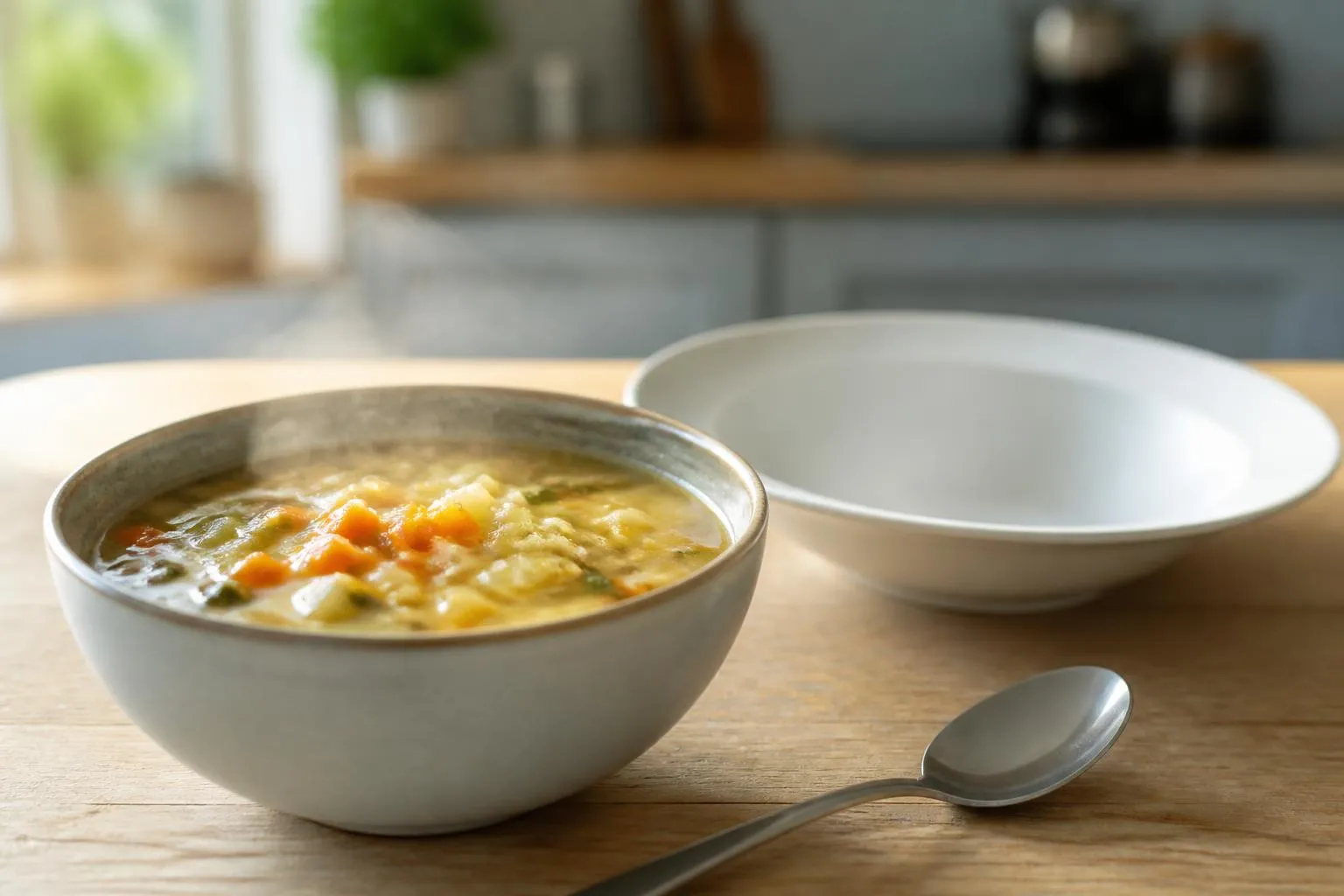 Un bol de soupe de légumes posé devant une assiette creuse vide sur une table de cuisine.