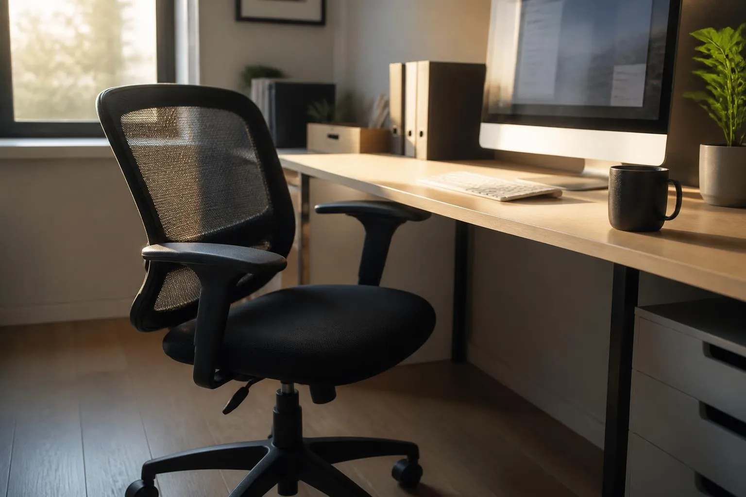 Une chaise de bureau vide devant un écran allumé, en fin de journée