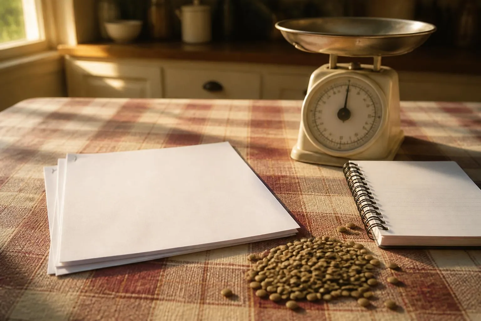 Des feuilles agrafées posées sur une table de cuisine, à côté d'un carnet de prix, d'une balance et de lentilles vertes