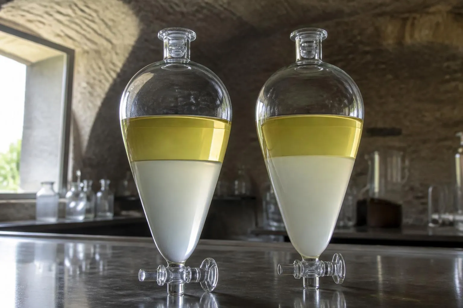 Deux vases florentins en verre où l'huile essentielle se sépare de l'eau florale, dans une cave voûtée