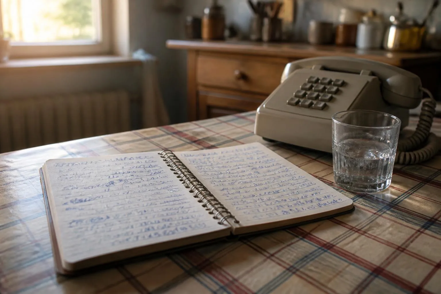 Un carnet à spirale ouvert sur une page manuscrite, posé près d'un téléphone fixe et d'un verre d'eau sur une toile cirée