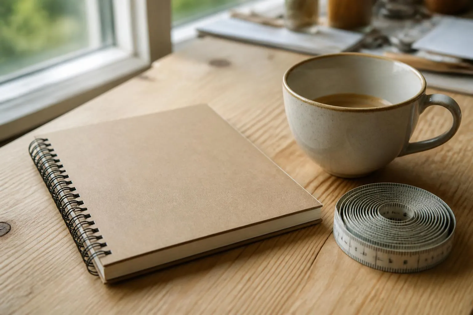 Un carnet à spirale fermé, une tasse de café et un mètre ruban enroulé sur une table en bois.