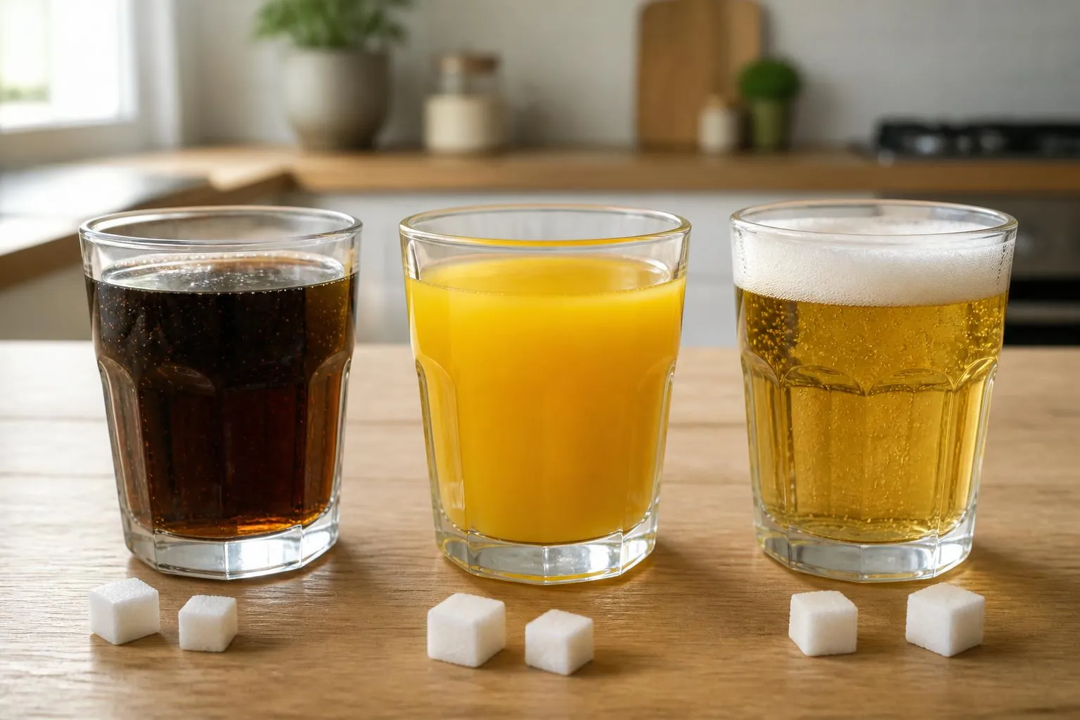 Trois verres identiques alignés sur une table de cuisine, remplis de cola, de jus d'orange et de bière blonde.