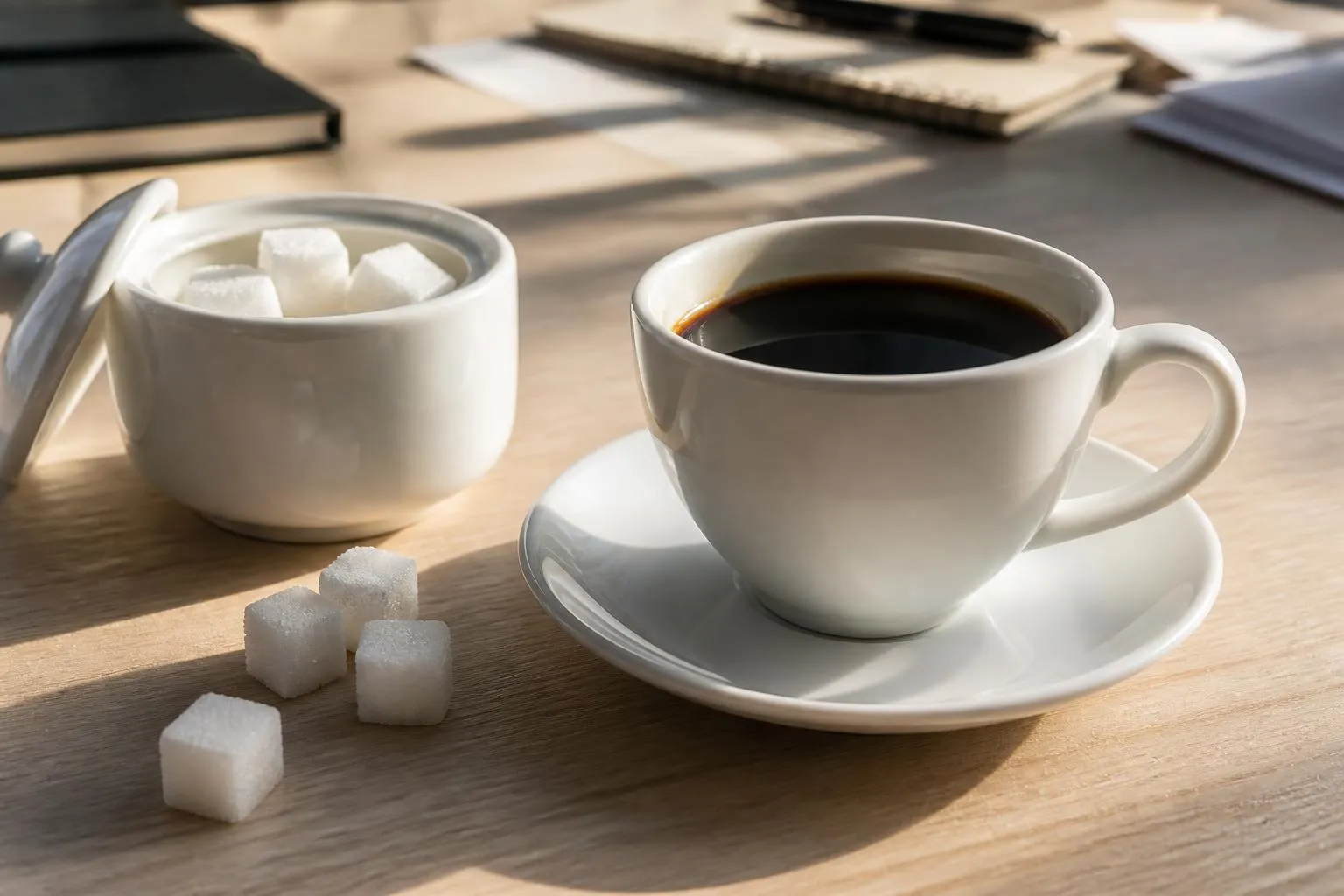 Une tasse de café noir posée près d'un sucrier ouvert et de morceaux de sucre blanc éparpillés sur une table.