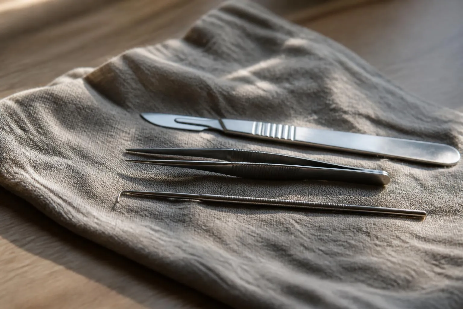 Instruments de dissection alignés sur un linge de lin gris, près d'une fenêtre