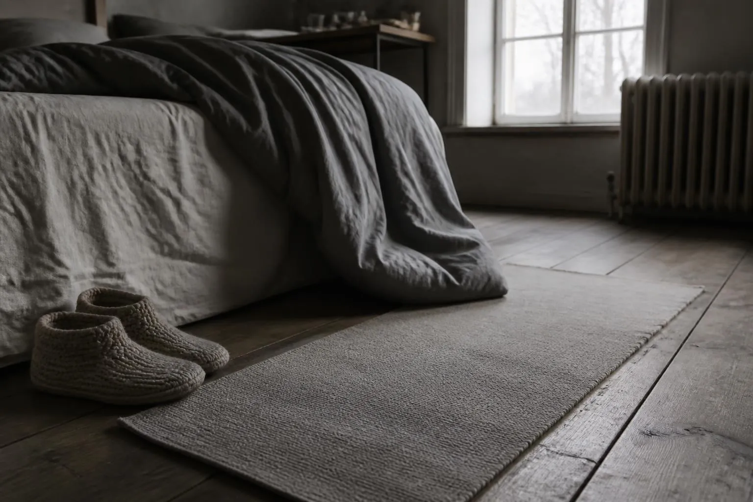 Un tapis de sol déroulé au pied d'un lit défait, chaussons posés à côté, lumière grise du petit matin par la fenêtre